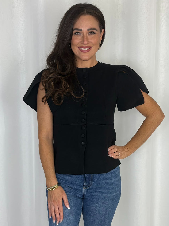 Covered Button Frill Sleeve Top (4 Colours)