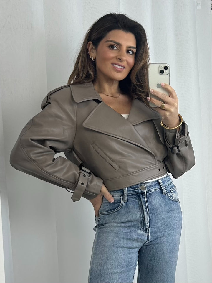 Taupe Faux Leather Belted Cropped Collared Jacket
