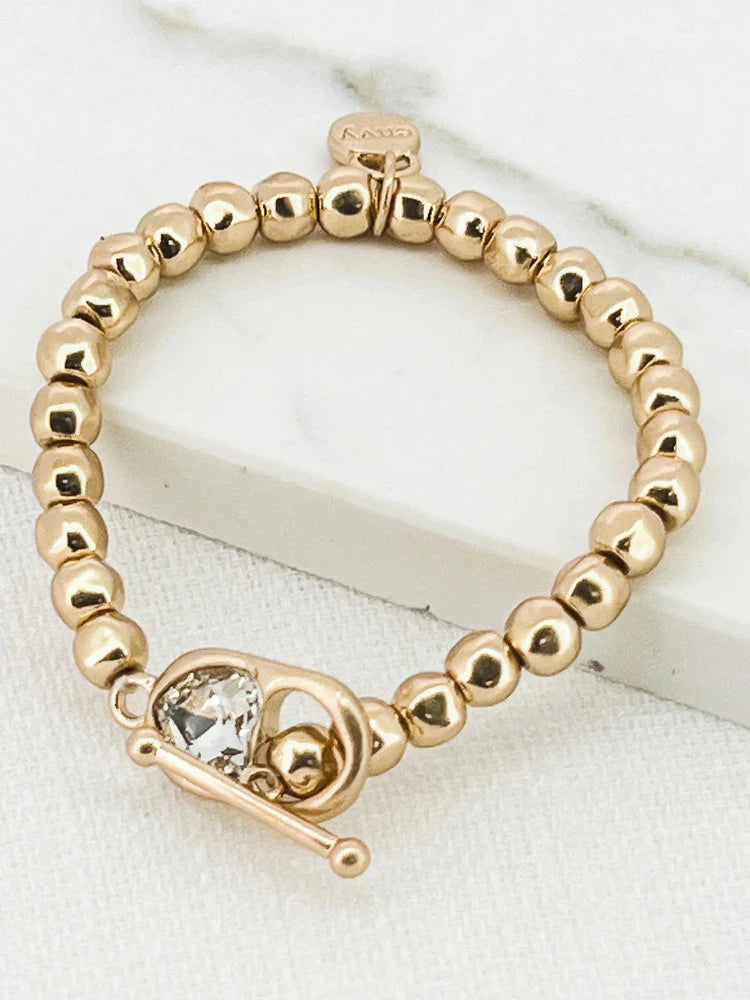Gold Beaded Bracelet with Diamond Heart T-Bar Clasp