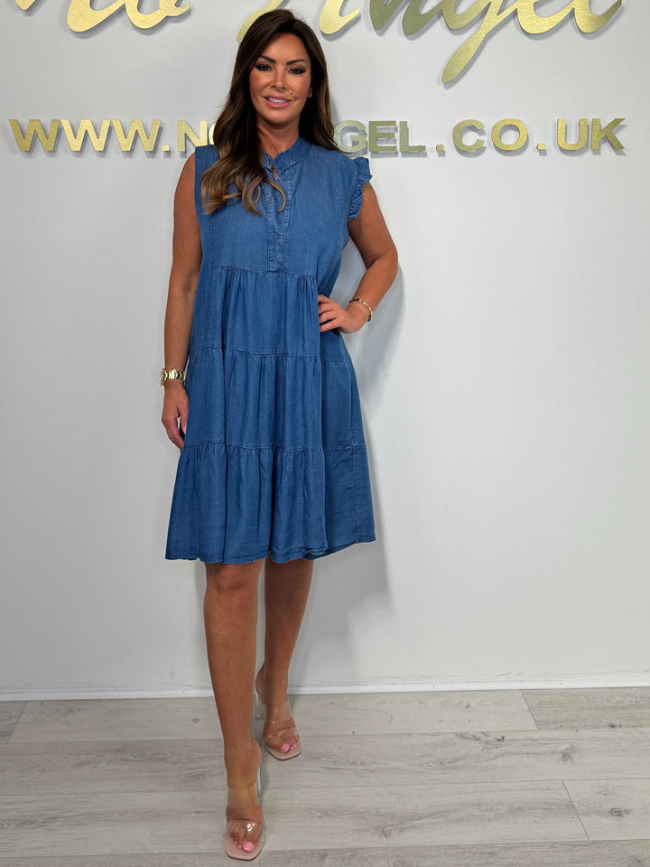 Dark Denim Ruffle Trim Sleeveless V-Neck Swing Dress