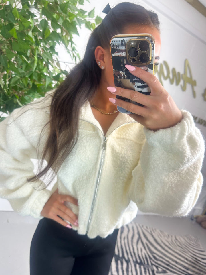 Cream Hooded Zip Up Bomber