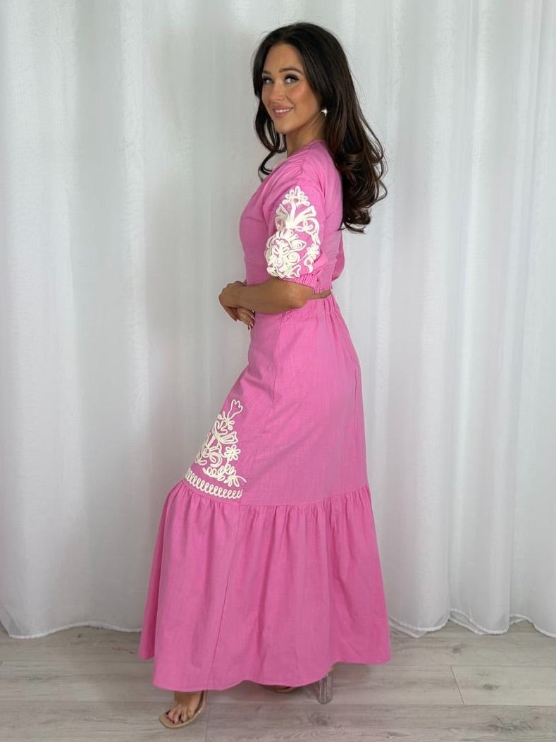 Puff Ball Sleeve Embroidered V-Neck Top And Maxi Skirt Co-Ord (4 Colours)