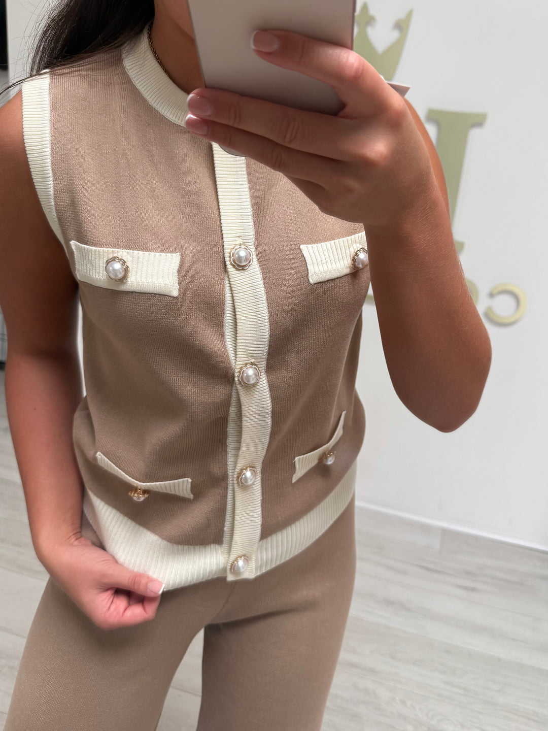 Biscuit/Cream Pearl Button Sleeveless Top & Trouser Co-ord