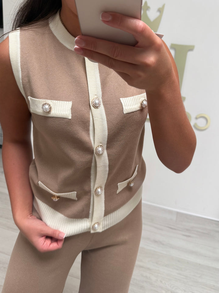 Biscuit/Cream Pearl Button Sleeveless Top & Trouser Co-ord