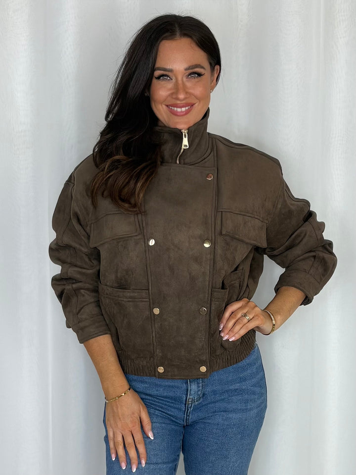 Faux Suede Gold Button Utility Jacket