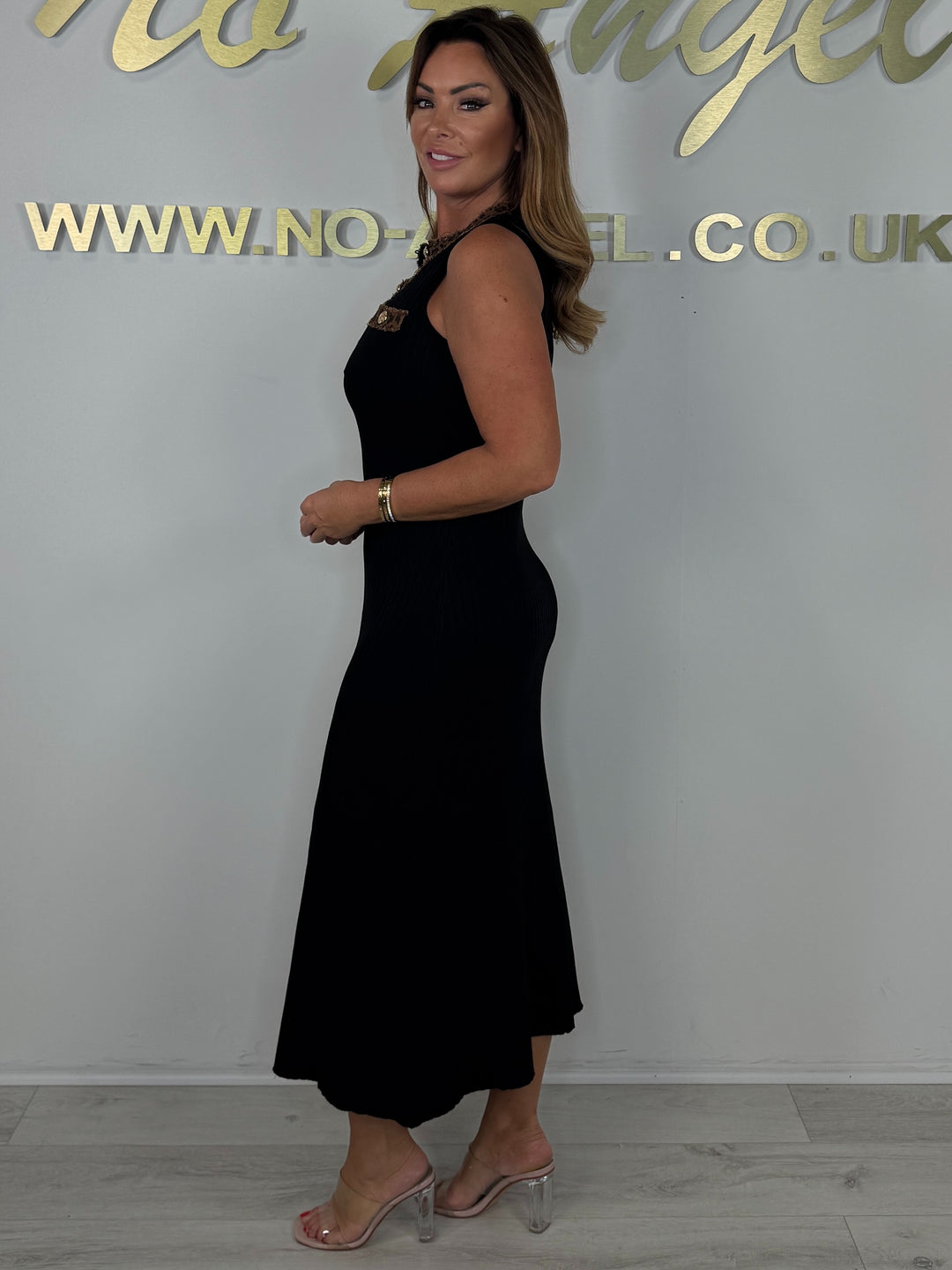 Ribbed Gold Button Detail Sleeveless Leopard Print Trim Maxi Dress (2 Colours)