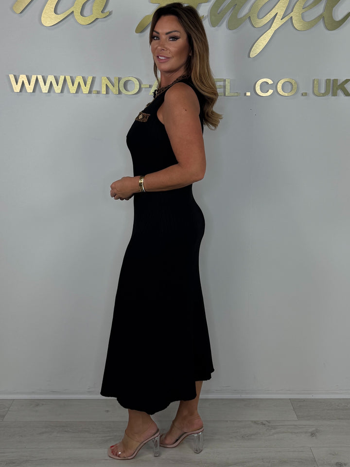 Ribbed Gold Button Detail Sleeveless Leopard Print Trim Maxi Dress (2 Colours)