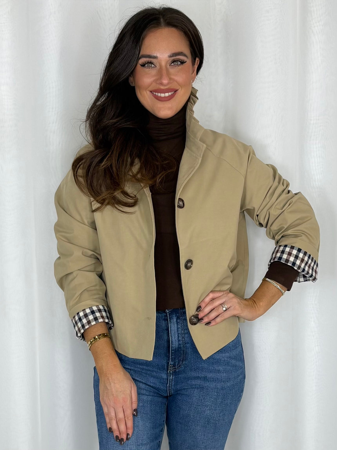 High Neck Check Cuff Mac Jacket