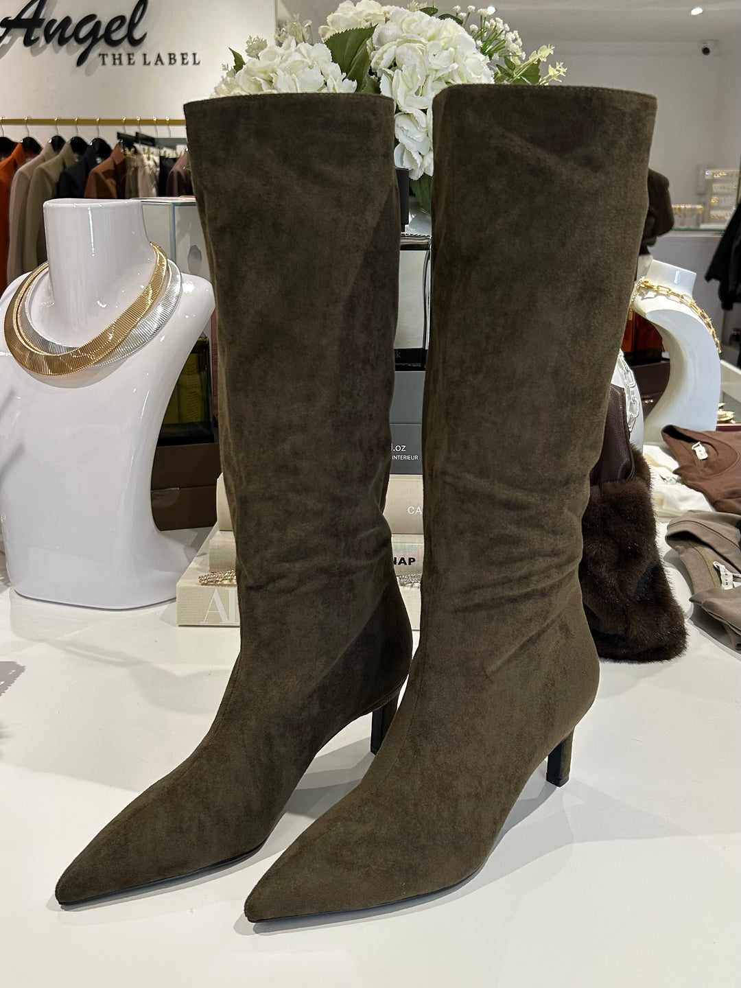 Faux Suede Knee High Stiletto Boots (2 Colours)