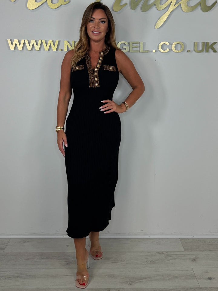 Ribbed Gold Button Detail Sleeveless Leopard Print Trim Maxi Dress (2 Colours)