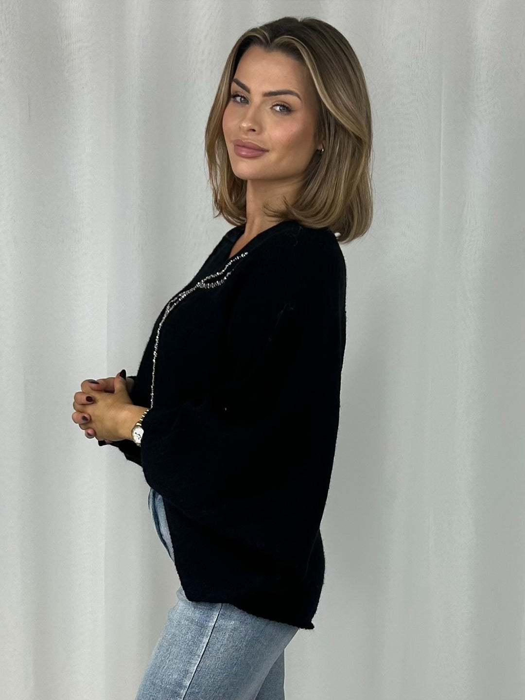 V-Neck Batwing Diamante Bow High Low Jumper (4 Colours)