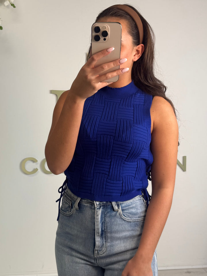 Royal Blue Woven Look Turtle Neck Tie Side Top