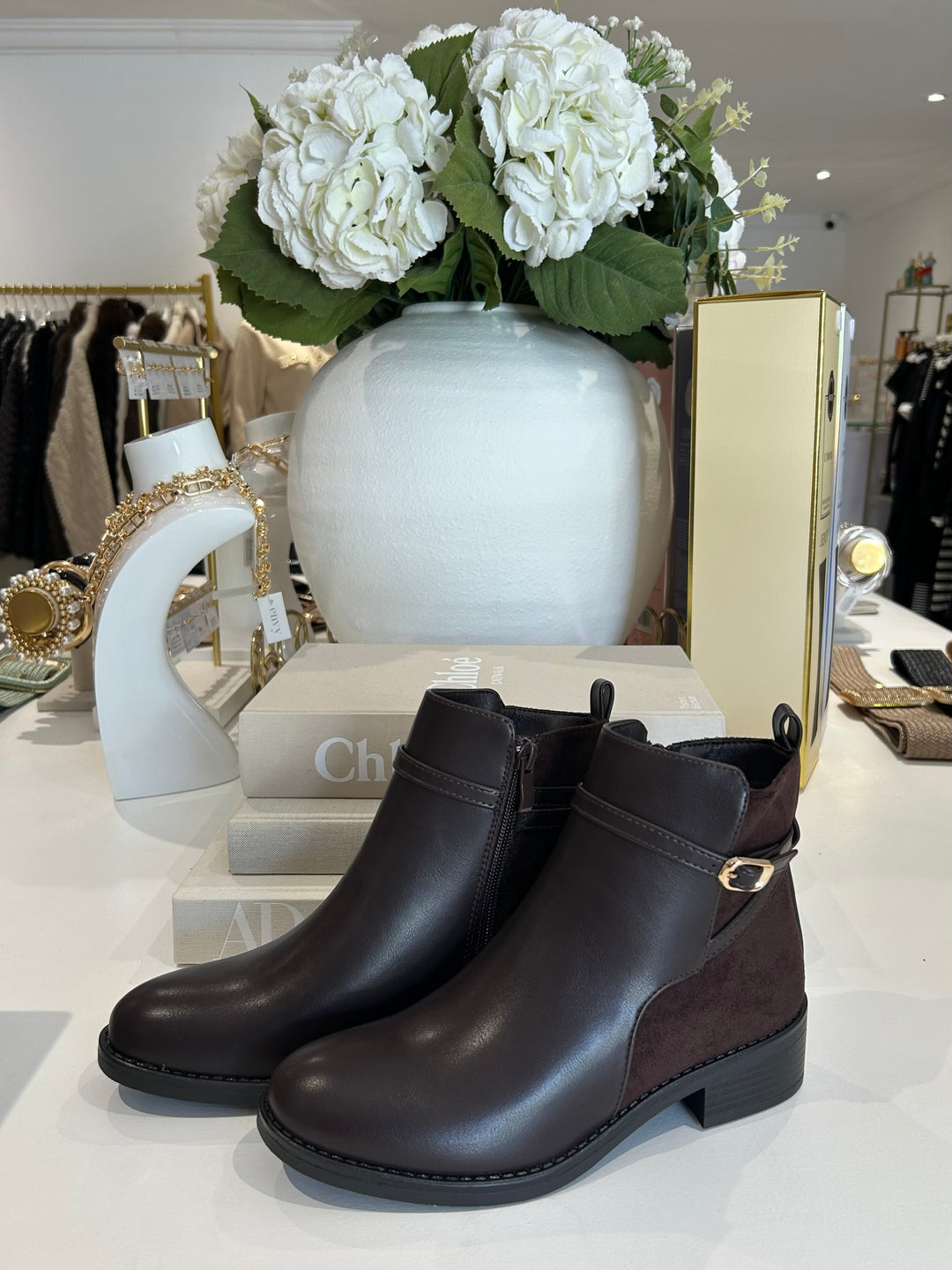 Faux Leather & Suede Gold Buckle Ankle Boots (2 Colours)