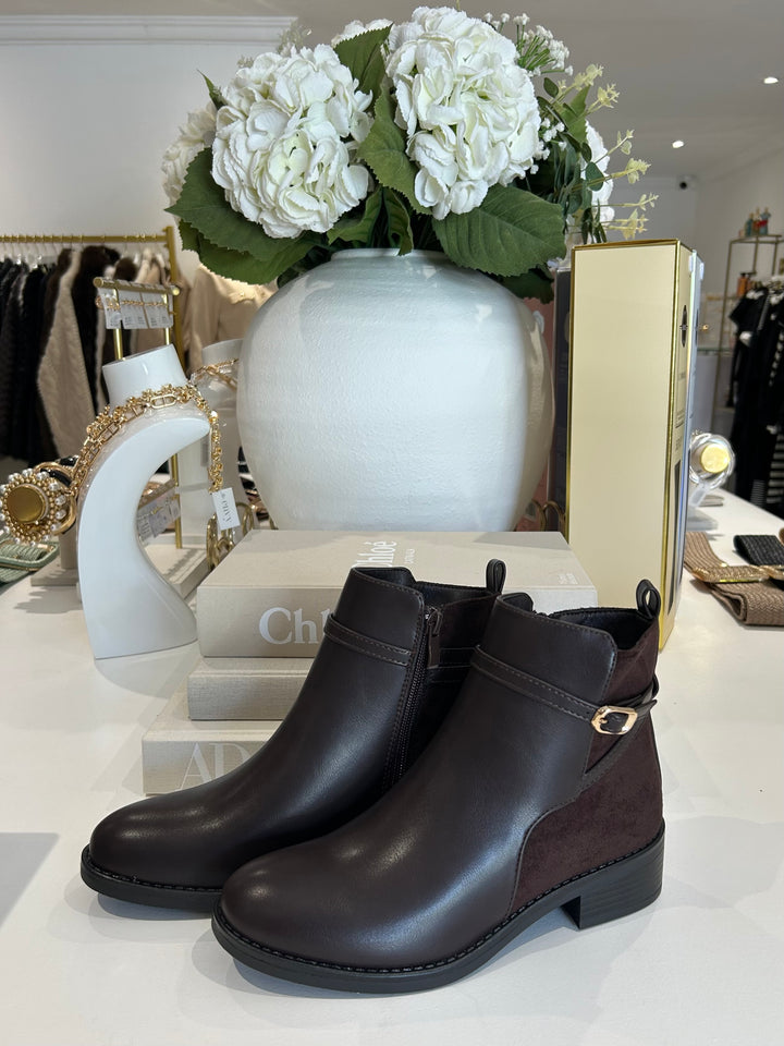 Faux Leather & Suede Gold Buckle Ankle Boots (2 Colours)