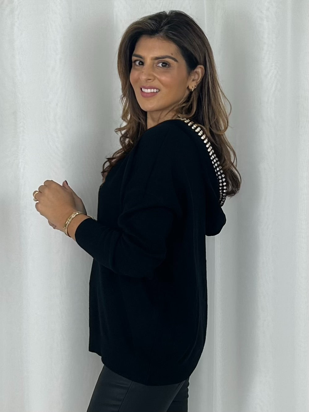 Soft Knit Hooded Diamante Jem Trim Jumper (4 Colours)