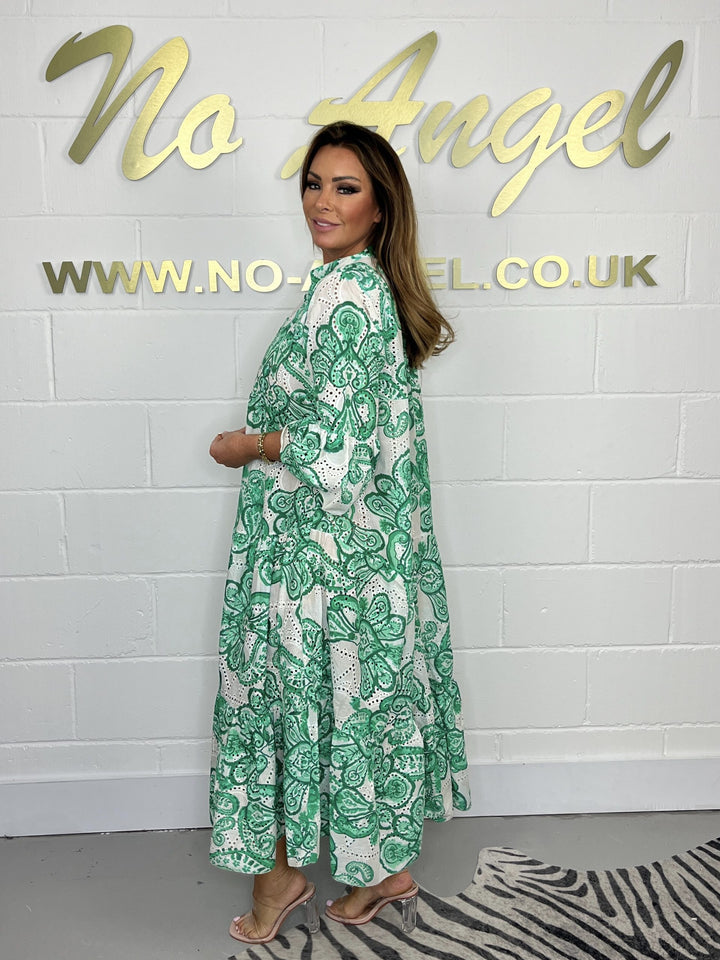 Green Embroidery Anglais Printed Laser Cut Maxi Dress