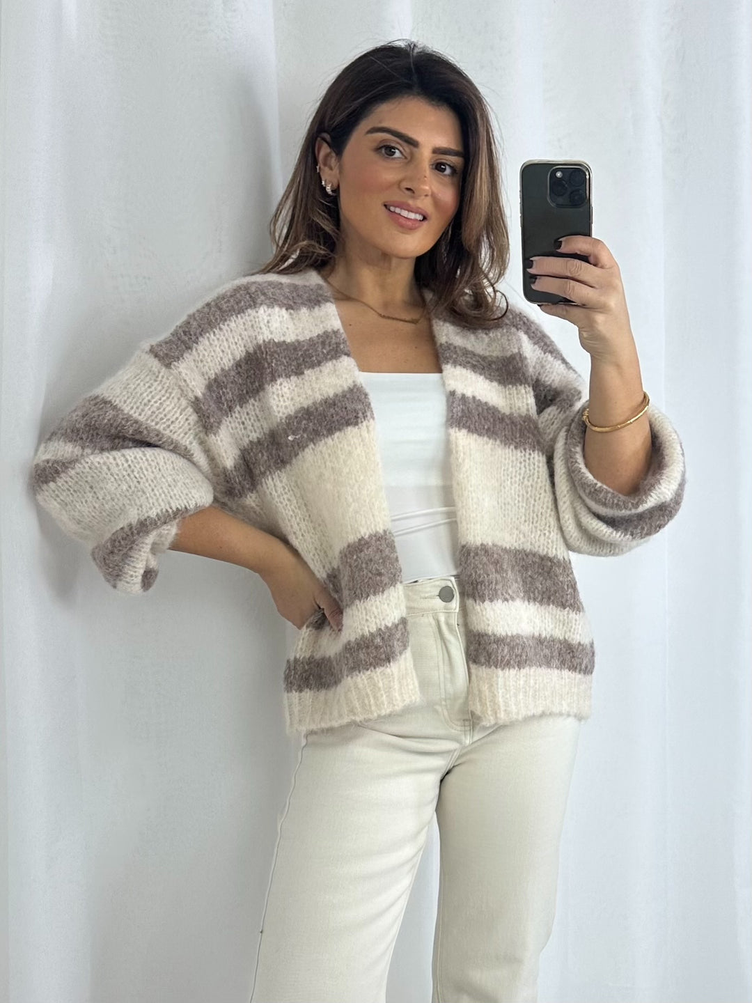 Cream/Taupe Stripe Balloon Sleeve Open Cardigan