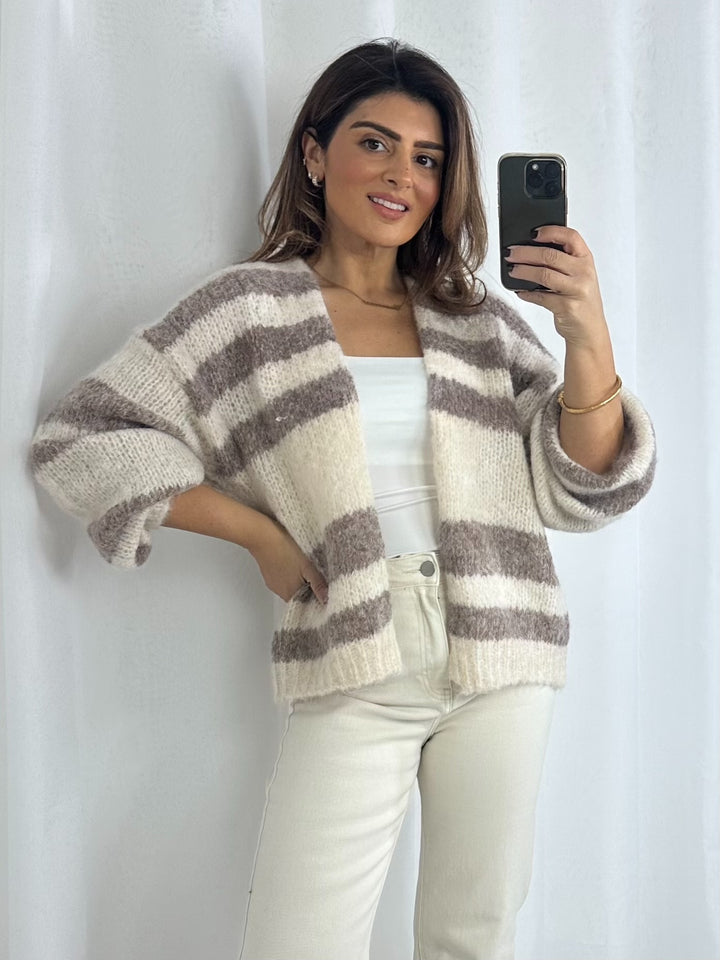 Cream/Taupe Stripe Balloon Sleeve Open Cardigan