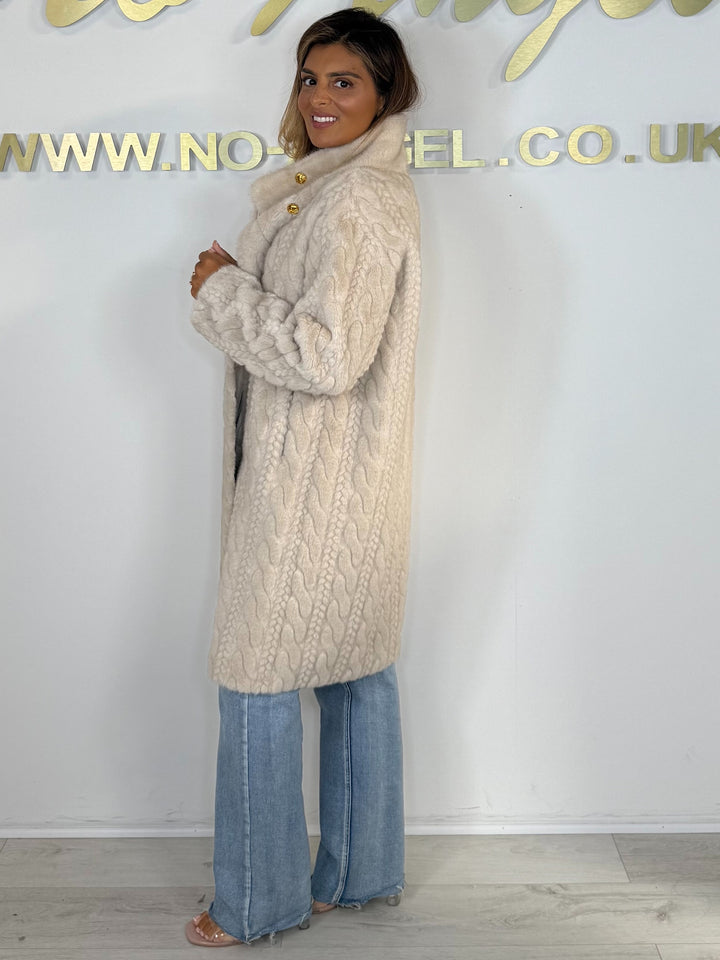 Faux Fur Cable Design Double Breasted Gold Button Long Jacket (2 Colours)