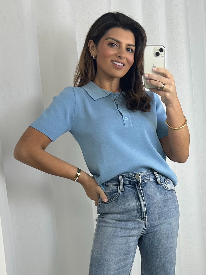 Flat Knit Collared Short Sleeve Top (4 Colours)