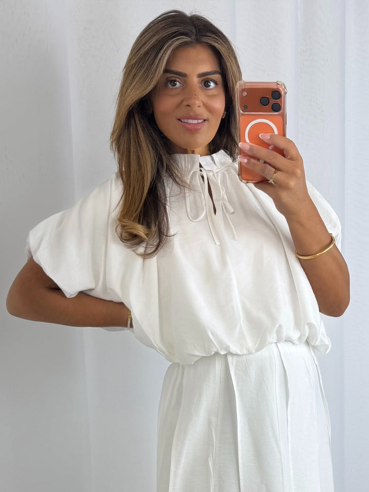 White Puff Ball Frill Detail Top And Skirt Co-Ord