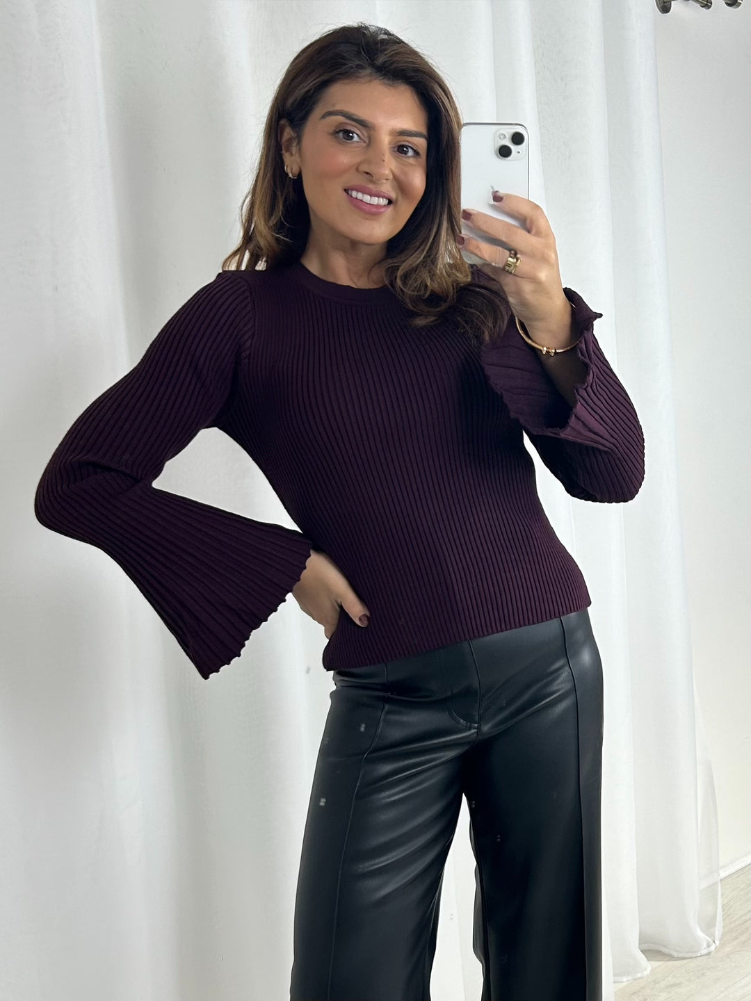 Ribbed Round Neck Bell Sleeve Top (4 Colours)