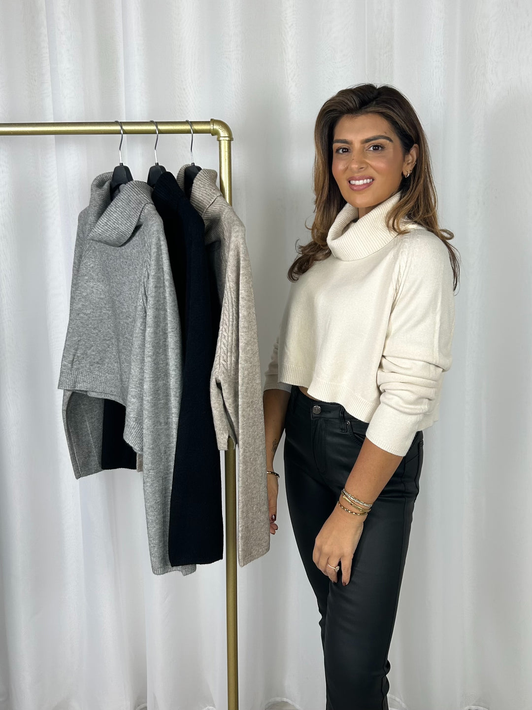 Roll Neck Cable Design Soft Knit Cropped Jumper (4 Colours)