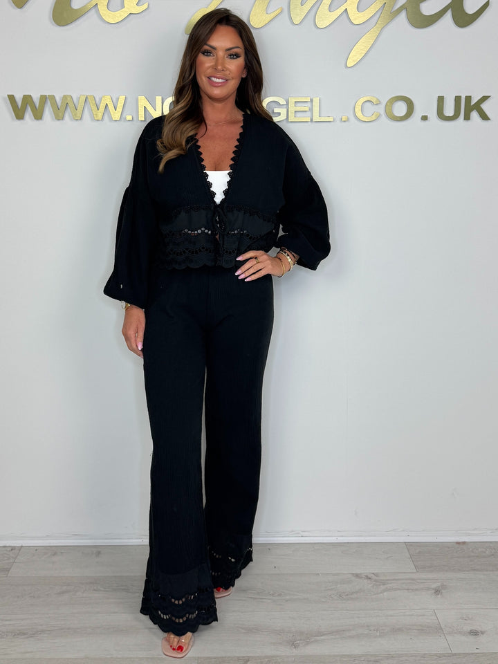 Laser Cut Trim Tie Up Cardigan & Trouser (6 Colours)
