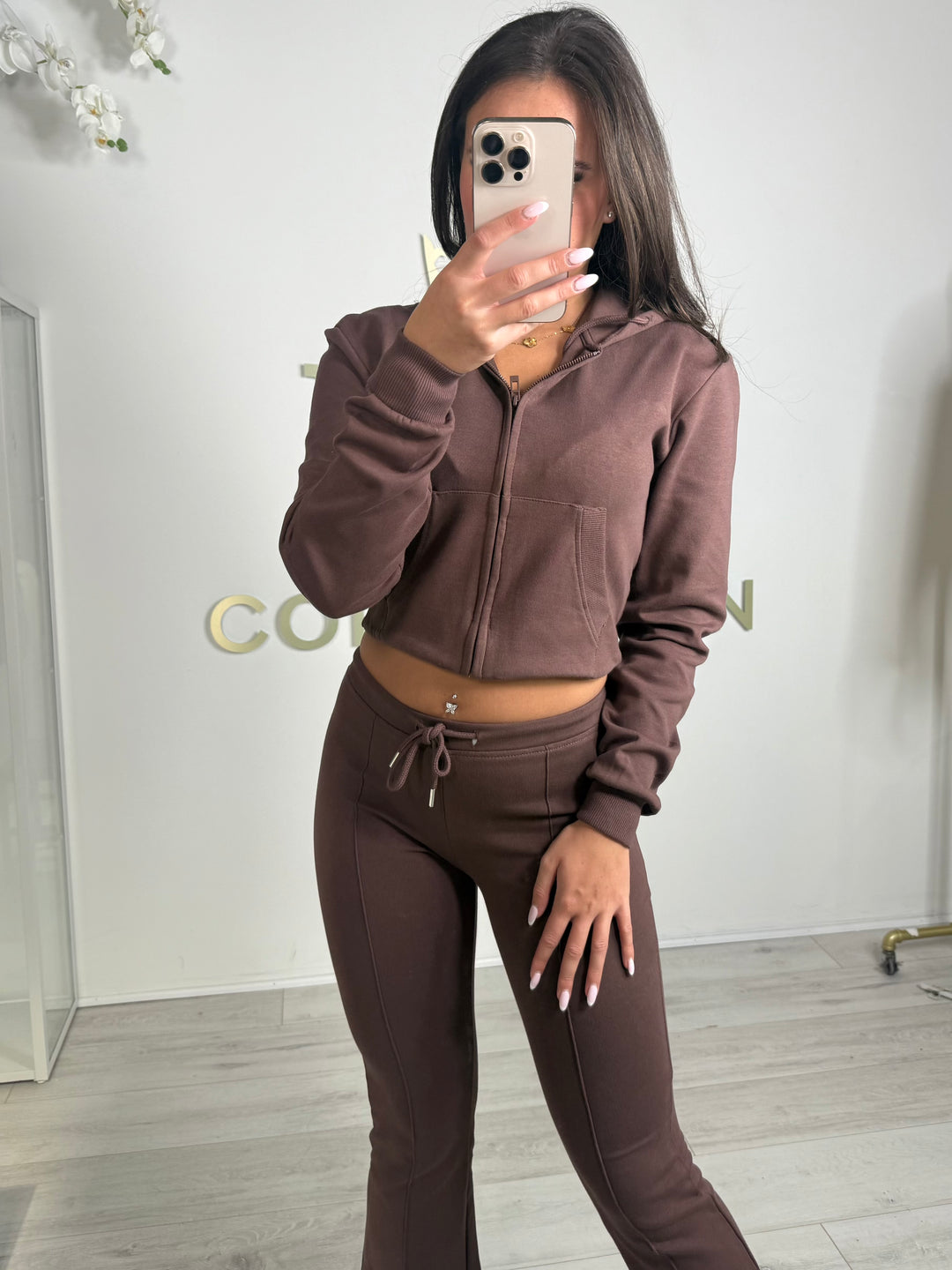 Brown Cropped Hooded Jacket & Flared Leg Trouser Co-ord