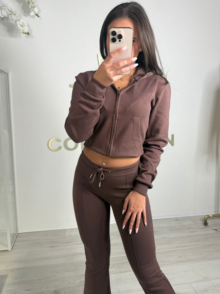 Brown Cropped Hooded Jacket & Flared Leg Trouser Co-ord