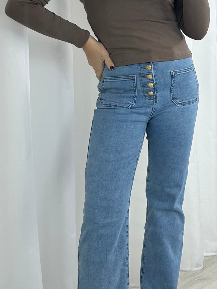 Light Denim Gold Button Pocket Straight Leg Jeans
