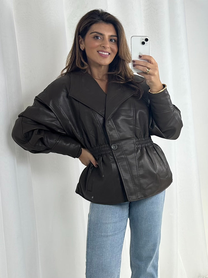 Brown Faux Leather PU Elasticated Waist Jacket