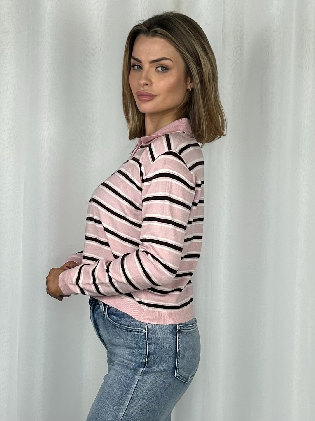 Striped Button Up Collared Soft Knit Jumper (2 Colours)
