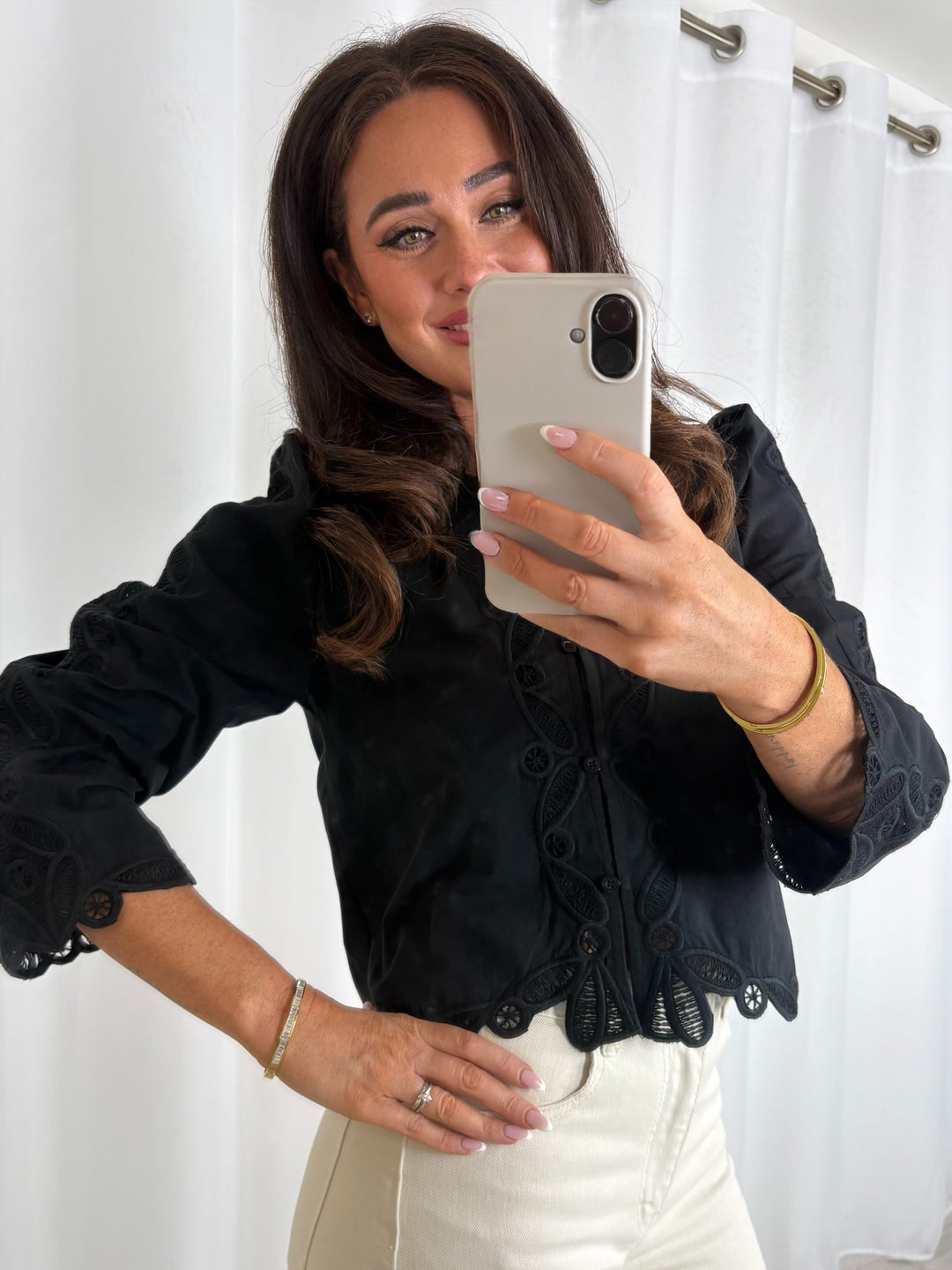 Black Long Sleeve Crochet Detailing Top