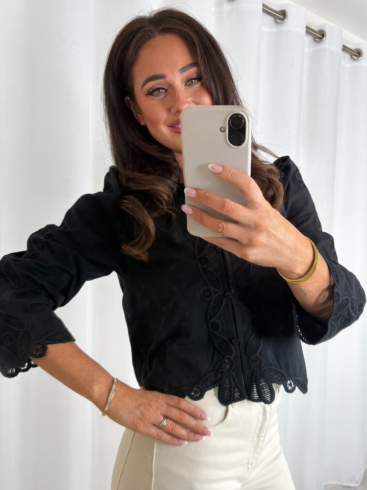 Black Long Sleeve Crochet Detailing Top
