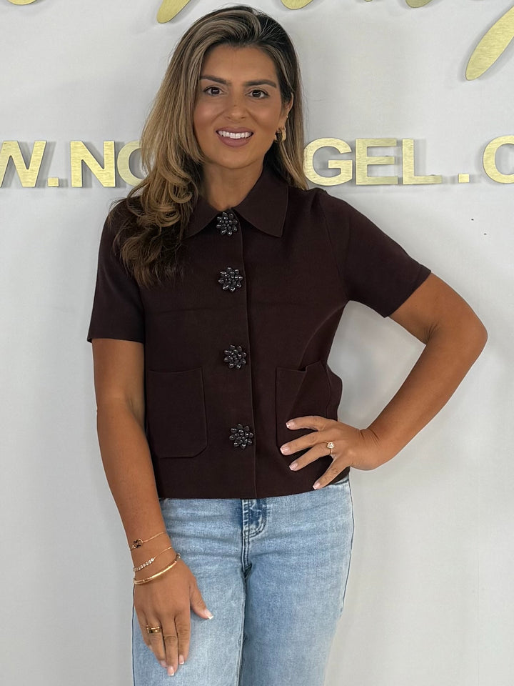 Short Sleeve Collared Beaded Flower Button Cardigan (2 Colours)