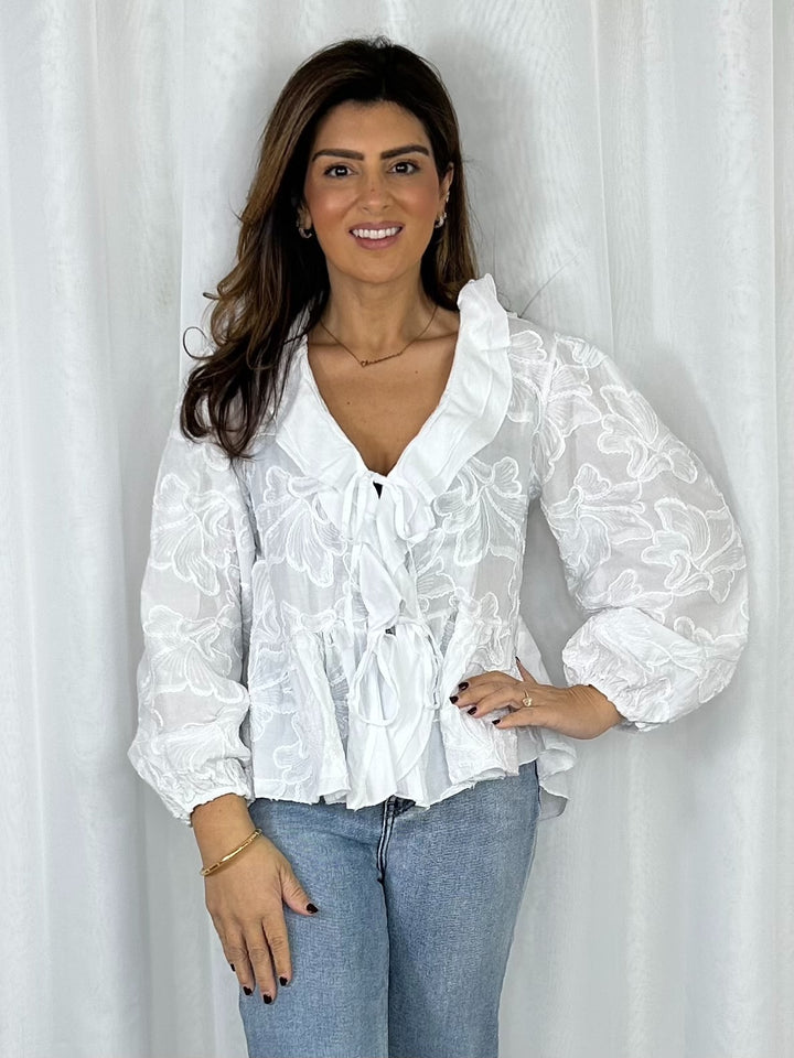 Balloon Sleeve Tie Front Ruffle Flower Print Shirt (4 Colours)