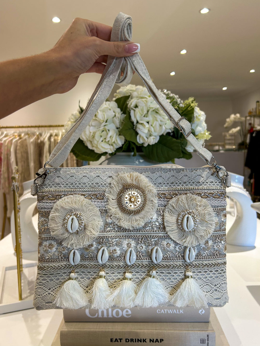 Beige Tassel Shell Detail Clutch Bag