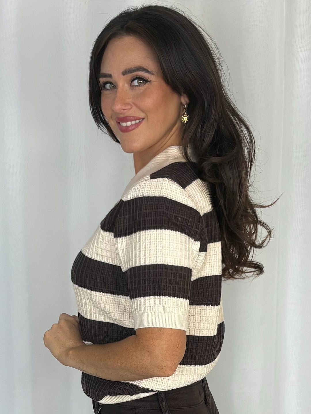 Striped Textured Short Sleeve Polo Top
