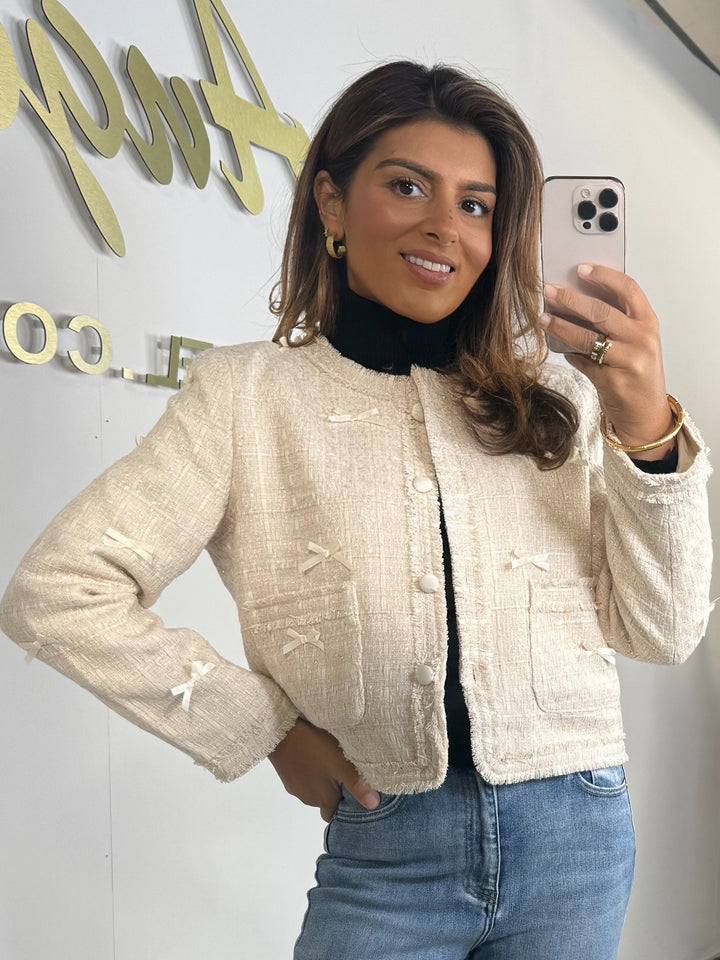 Linen Mix Cream Bow Detail Shimmer Fleck Blazer