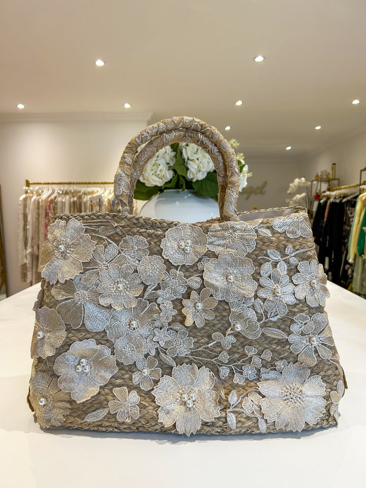 Pearl Flower Detail Mesh Woven Beach Bag (2 Colours)