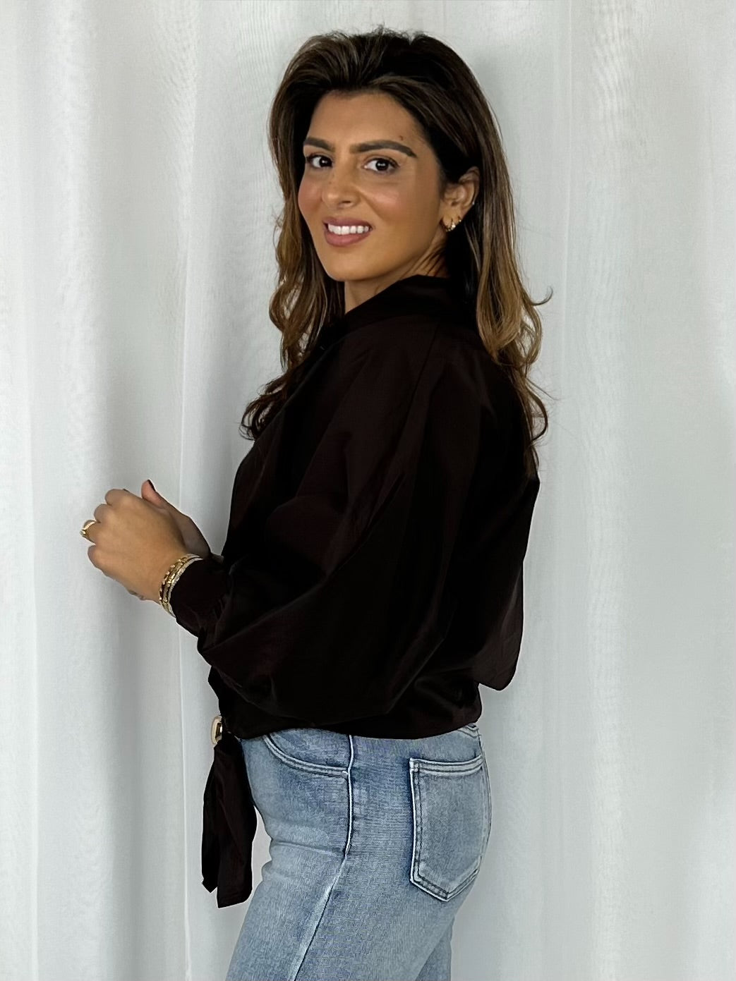 Collared Balloon Sleeve Gold Hardware Tie Front Shirt (4 Colours)