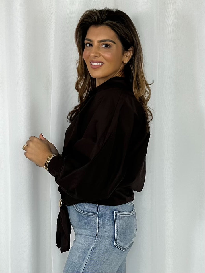 Collared Balloon Sleeve Gold Hardware Tie Front Shirt (4 Colours)