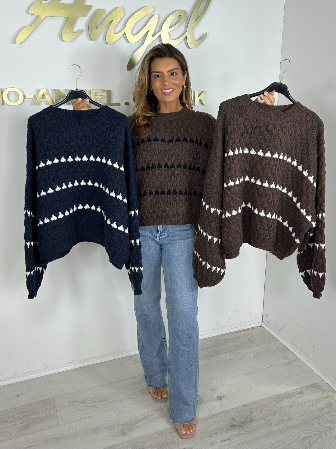 Chunky Knit Stripe Pattern Balloon Sleeve Jumper (3 Colours)