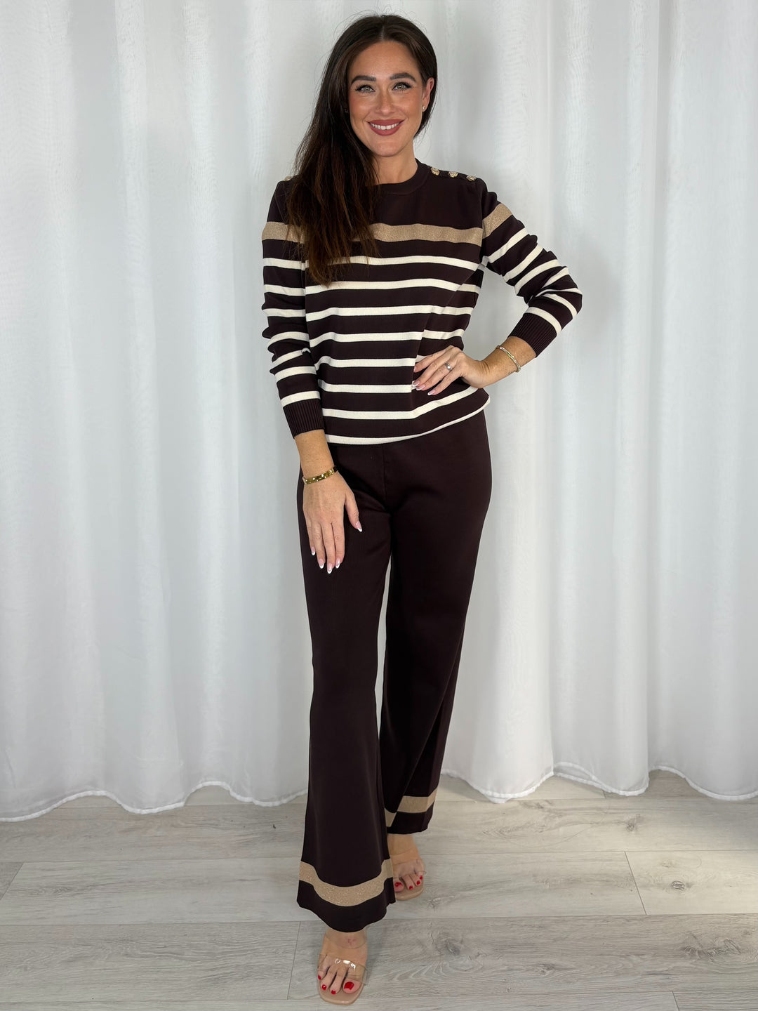 Striped Jumper With Gold Button Detail And Straight Leg Trouser Co-Ord (4 Colours)