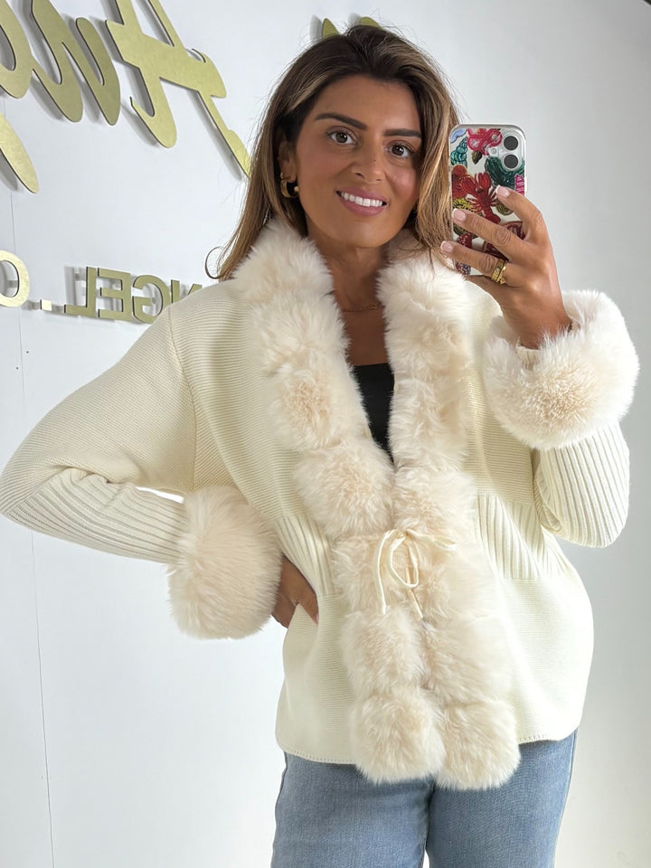 Faux Fur Trim Thick Knit Drawstring Detail Cardigan (4 Colours)