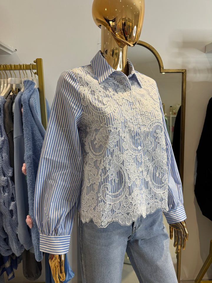 Blue & White Stripe Embroidery Anglaise Shirt