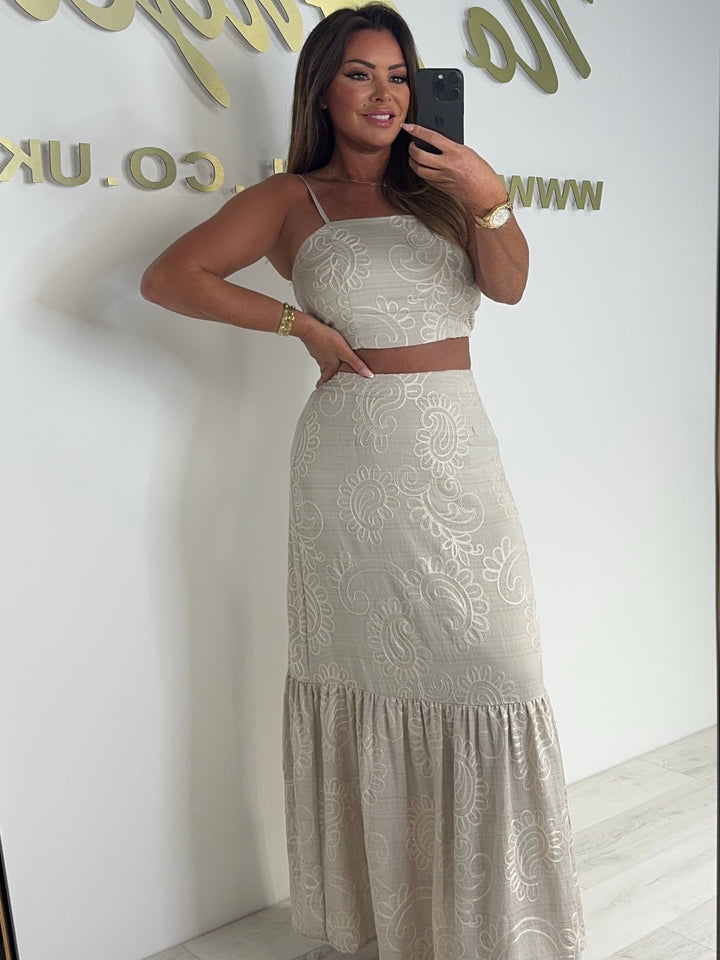 Beige Spaghetti Strap Embroidery Detail Crop Top With Maxi Skirt Co-ord