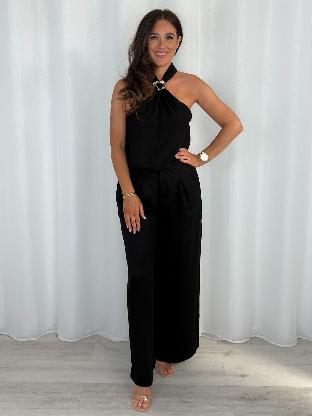 Gold Buckle Halter Neck Top And Wide Leg Trouser Co-Ord (3 Colours)
