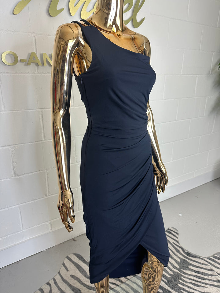 Navy One Shoulder Ruched Midi Dress